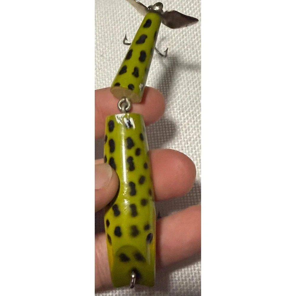 Vintage Jointed Wood Fishing Lure Yellow Green Spotted Propeller Bait NB042